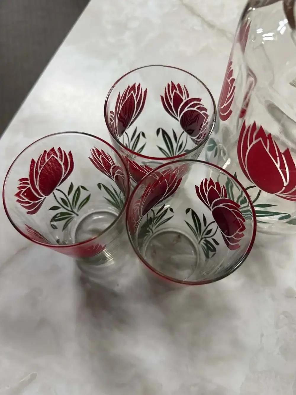 Vintage Anchor Hocking Tulip No. 3 Red Glass Pitcher and 3 Tumblers Set Mid-Cent